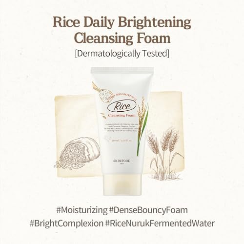 SKINFOOD Rice Daily Cleansing Foam 150ml - Delicate, Fine, and Smooth Brightening Cleansing with Fermented White Rice Ingredients - Firming Bubble Facial Foam Cleanser - For Men and Women (5.07 fl. oz.)