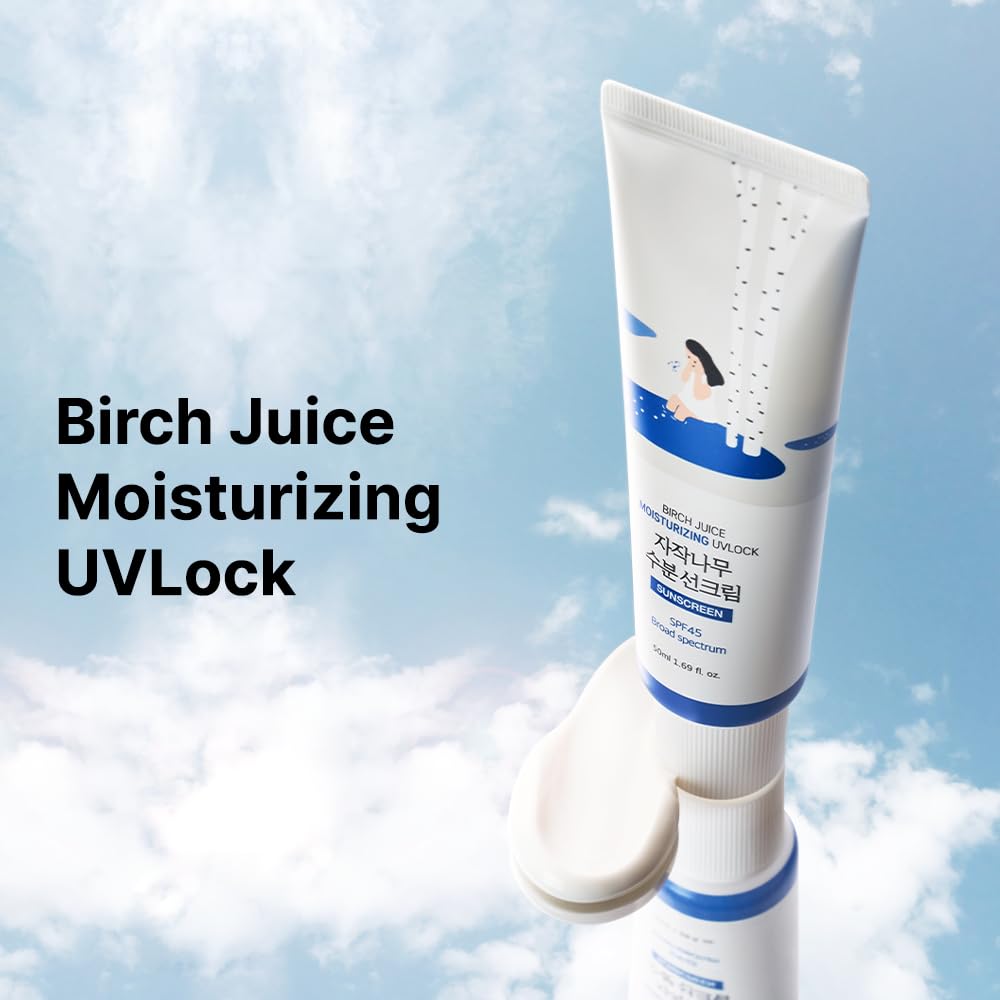 ROUND LAB Birch Juice Moisturizing UV LOCK 1.69 Fl Oz SPF 45 broad spectrum, A moisturizing sunscreen, No White Cast, Strong UV Protection, Moist Essence Type, Ocean Friendly-Reef Safe