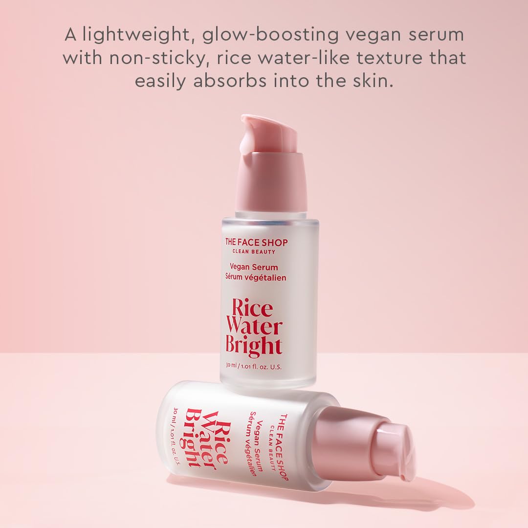 The Face Shop Rice Water Bright Vegan Serum - Targets Uneven Skin Tone & Dryness, Brightening, Nourishing, Hydrating Face Serum - Rice Water, Hyaluronic Acid, Niacinamide Serum - Korean Skin Care