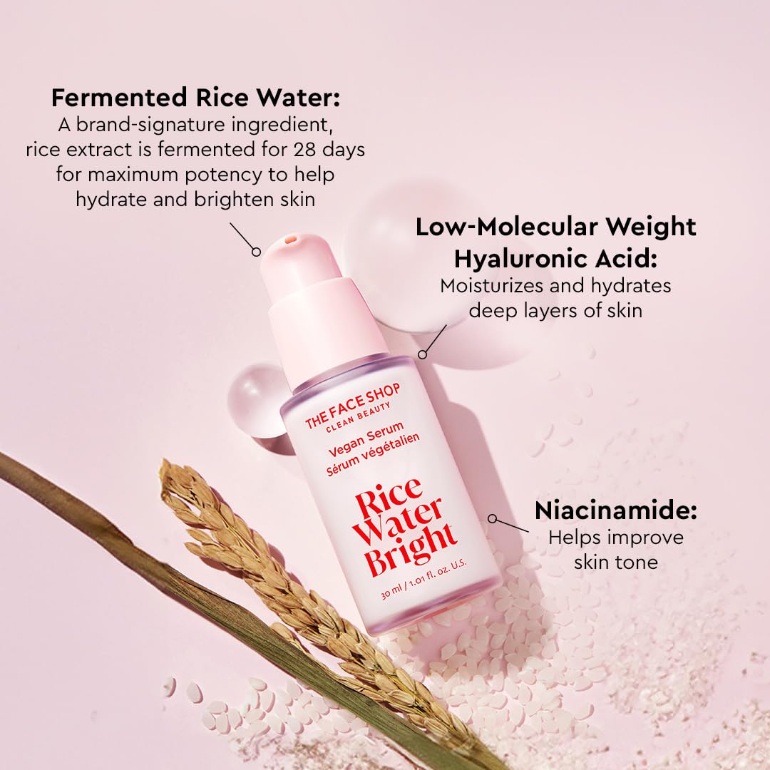 The Face Shop Rice Water Bright Vegan Serum - Targets Uneven Skin Tone & Dryness, Brightening, Nourishing, Hydrating Face Serum - Rice Water, Hyaluronic Acid, Niacinamide Serum - Korean Skin Care