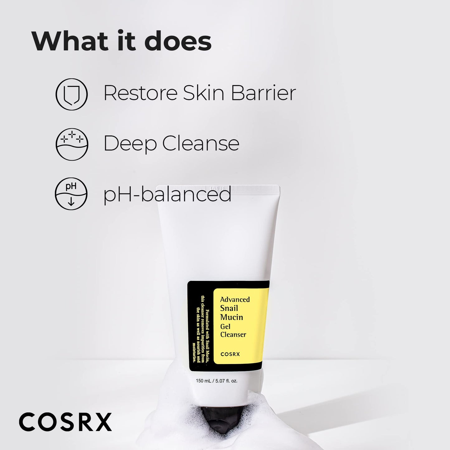 COSRX Advanced Snail Mucin Gel Cleanser, 5.07 Fl Oz / 150 mL, Rich Daily Deep Cleansing Gel for Dry & Sensitive Skin, Korean Skin Care, Not Tested on Animals, No Parabens