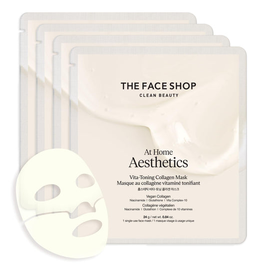 THE FACE SHOP At Home Aesthetics Vita-Toning Vegan Collagen Mask (4ea), Vitamin Hydrogel Facial Sheet Mask for Firming, Elasticity, Moisturizing, Korean Glass Skin Care, Discoloration Correcting