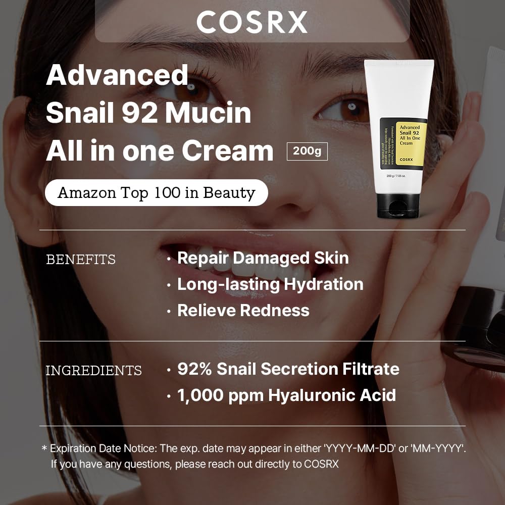 COSRX Snail Mucin 92% Moisturizer, Daily Repair Face Gel Cream Tube Type for Dry, Sensitive Skin, Not Tested on Animals, No Parabens, No Sulfates, No Phthalates, Korean Skin Care (7.05Fl Oz / 200g)