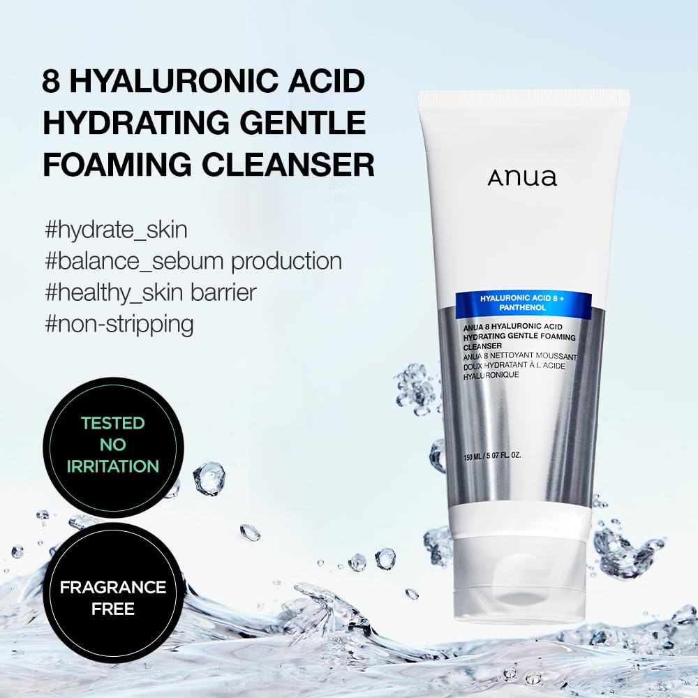 ANUA Hydrating Gentle Foaming Cleanser, Hyaluronic Acid, Glycerin, Zinc, Panthenol, Korean Face Wash for Dry Skin, for Double Cleansing, Korean Skincare (150ml/5.07fl oz.)