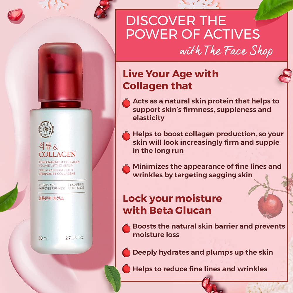 The Face Shop Pomegranate & Collagen Volume Lifting Serum - Helps Skin Look Firm & Supple - Reduces Fine Lines & Wrinkles - Improves Elasticity - Hydrating Lightweight Face Serum - Korean Skin Care