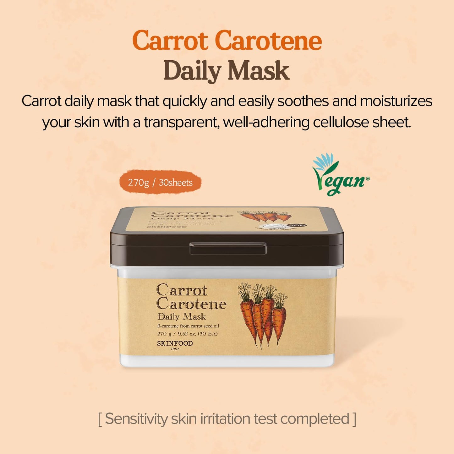 SKINFOOD Carrot Carotene Daily Mask 9.52 oz (30EA) - Soothing, Quick Hydrating, Sensitive Skin, Carrot seed oil, Relieving Redness