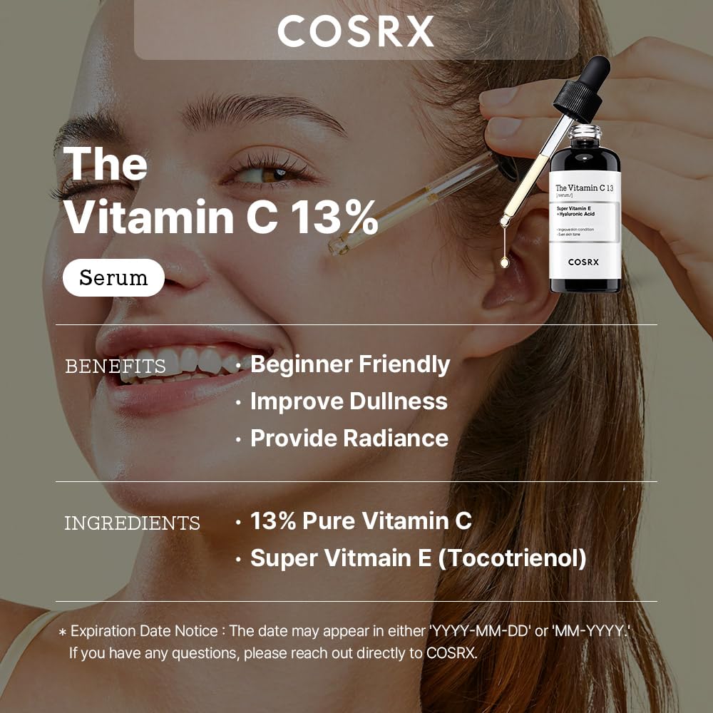 COSRX Pure Vitamin C 13% Serum with Vitamin E & Hyaluronic Acid, Hydrating Facial Serum for Fine Lines, Uneven Skin Tone & Dull Skin, 0.67fl.oz/20ml, Korean Skin Care