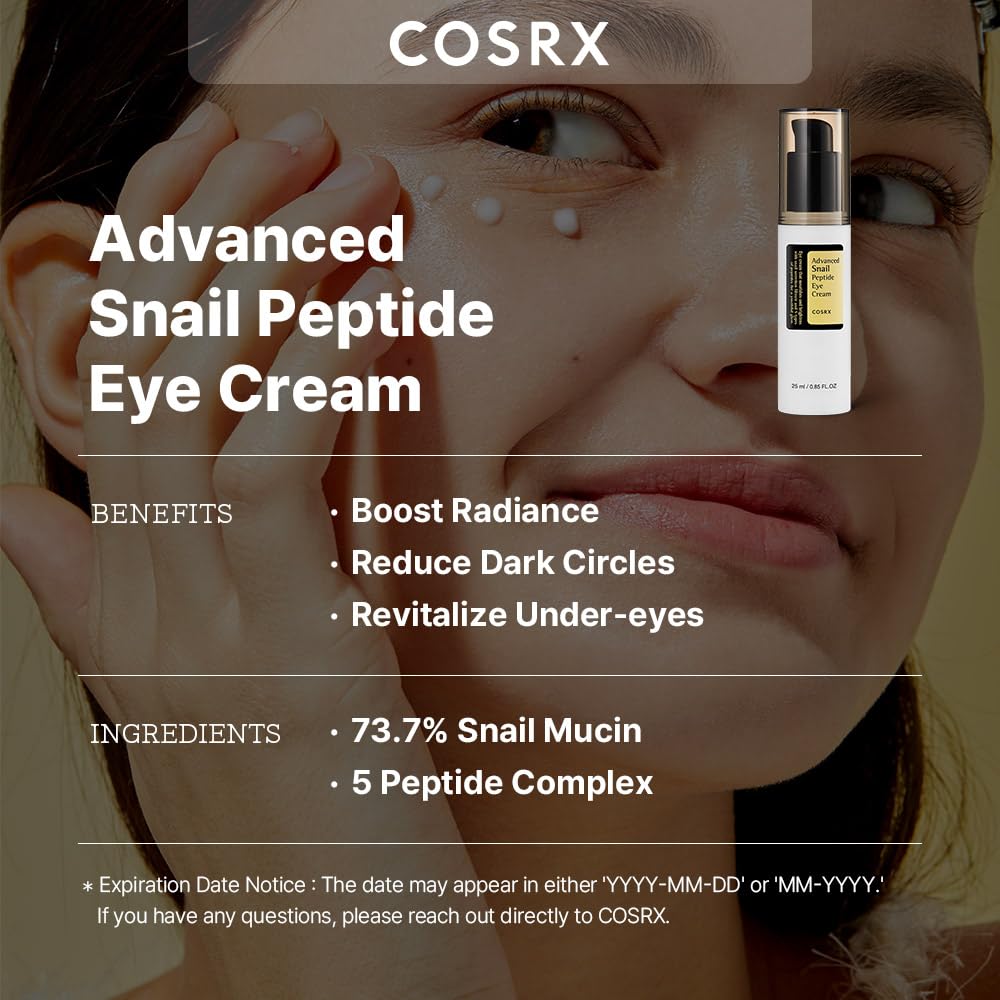 COSRX Snail Mucin Peptide Under Eye Cream, 0.84 fl oz, 73.7% Snail Mucin and Niacinamide, Eye Care, Eye Cream Anti Aging, Dark Circles, Korean Skin Care