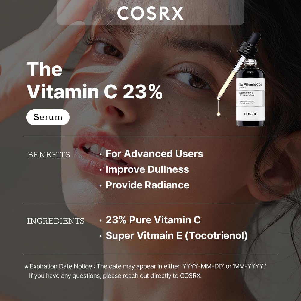 COSRX Pure Vitamin C 23% Serum with Vitamin E & Hyaluronic Acid, Brightening & Hydrating Facial Serum for Fine Lines, Uneven Skin Tone & Dull Skin, 0.7oz/20g, Korean Skin Care