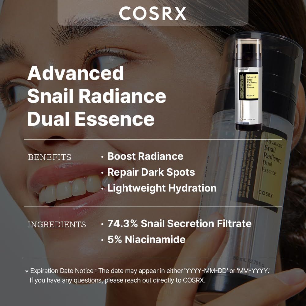 COSRX Niacinamide 5% + Snail Mucin 74% Dual Essence, Anti Aging Face Serum for Dull Skin, Hydrating, Repairing, Sensitive Skin, Not Tested on Animals, Korean Skin Care, 2.70 fl.oz / 80ml