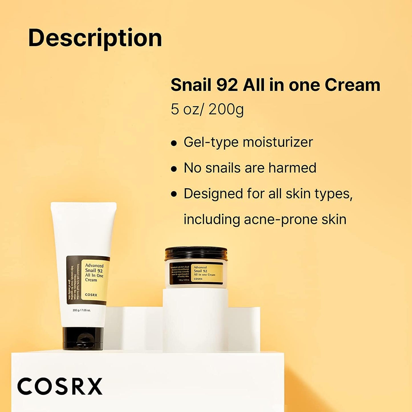 COSRX Snail Mucin 92% Moisturizer, Daily Repair Face Gel Cream Tube Type for Dry, Sensitive Skin, Not Tested on Animals, No Parabens, No Sulfates, No Phthalates, Korean Skin Care (7.05Fl Oz / 200g)