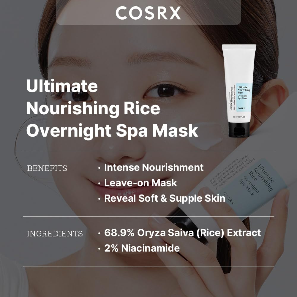 COSRX Ultimate Nourishing Rice Overnight Spa Mask, 60ml / 2.02 fl.oz | Rice Extract 68% and Niacinamide 2% | Korean Skin Care, Animal Testing Free, Paraben Free