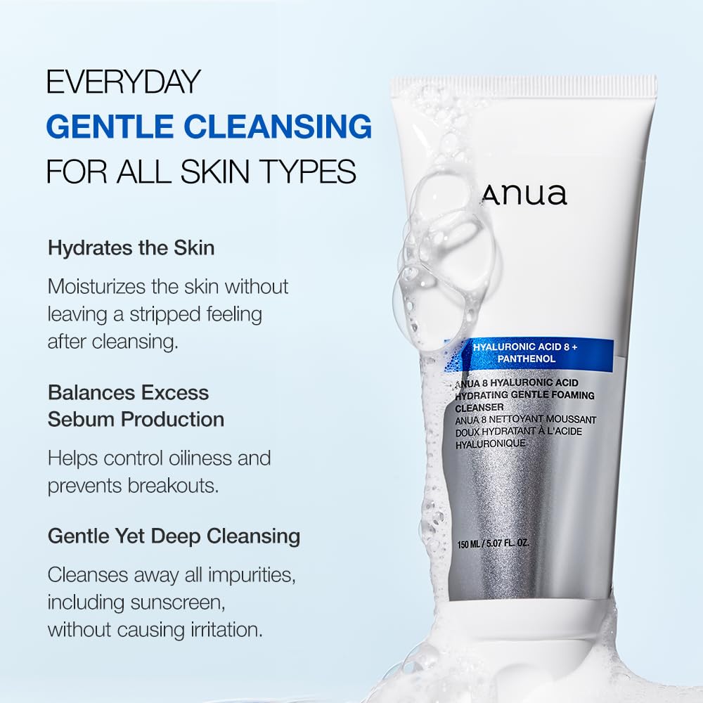 ANUA Hydrating Gentle Foaming Cleanser, Hyaluronic Acid, Glycerin, Zinc, Panthenol, Korean Face Wash for Dry Skin, for Double Cleansing, Korean Skincare (150ml/5.07fl oz.)