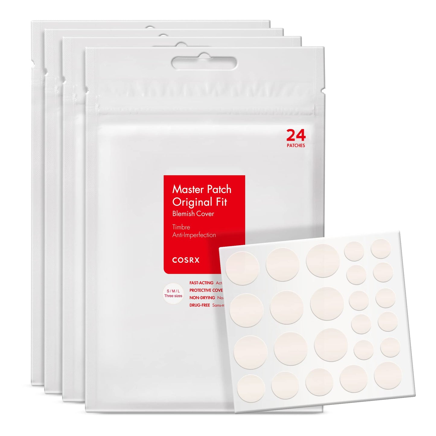 COSRX Acne Pimple Patch (96) Absorbing Hydrocolloid Original 3 Size Patches for Blemishes and Zits Cover, Spot Stickers for Face and Body, Not Tested on Animals