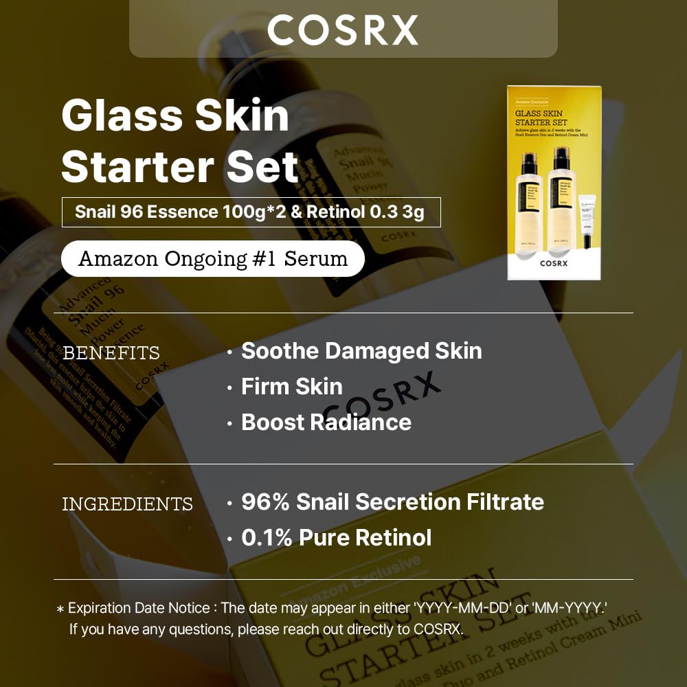 COSRX Glass Skin Starter Set, Amazon Exclusive, Advanced Snail 96% Mucin Power Essence & Retinol 0.1% Cream Mini Sample, Daily Hydrating & Firming Korean Skin Care Kit, Gift Set