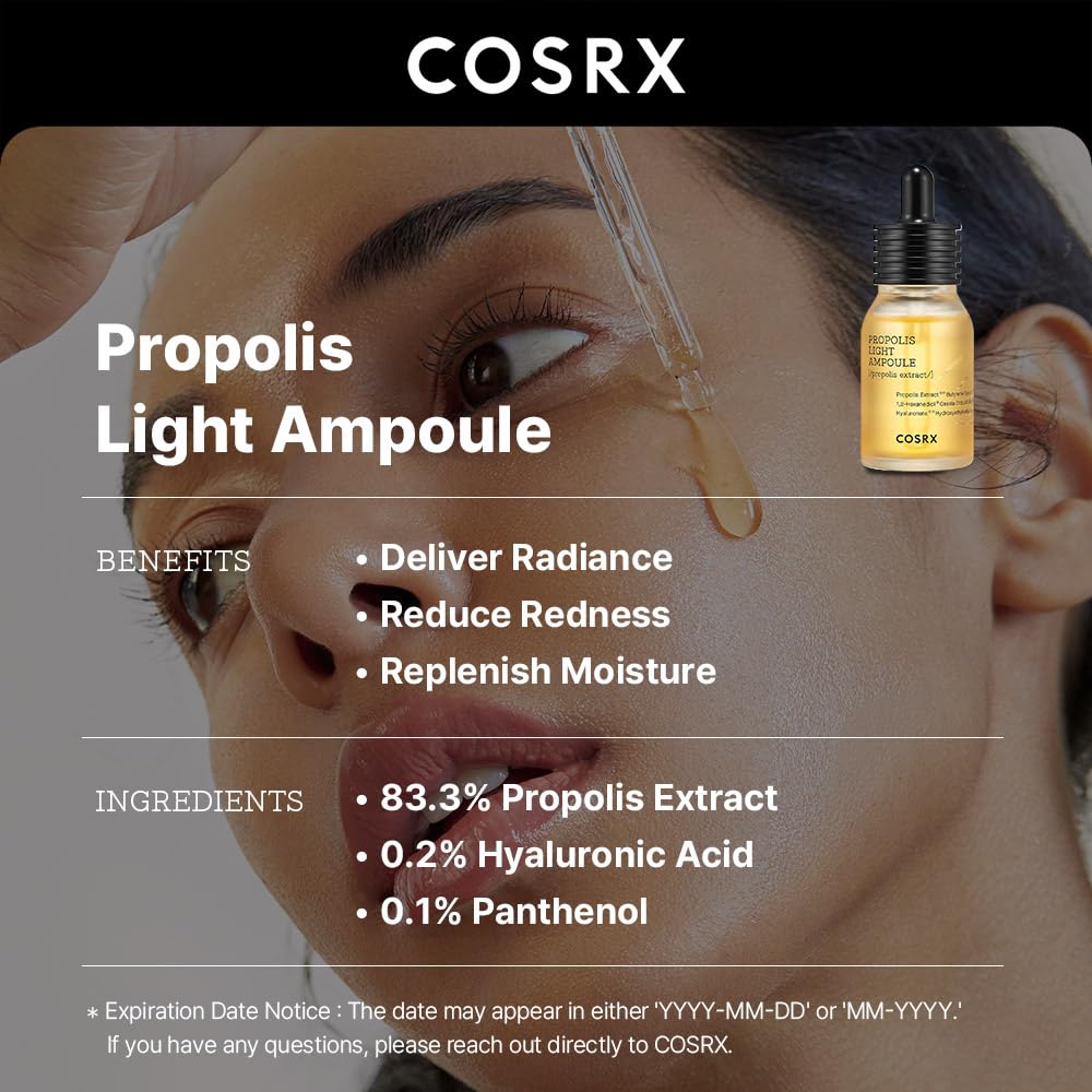 COSRX Propolis Ampoule, Glow Boosting Serum for Face with 73.5% Propolis Extract, 1.01fl.oz/30ml, Hydrating Essence for Sensitive Skin, Fine Lines, Uneven Skintone, Korean Skin Care