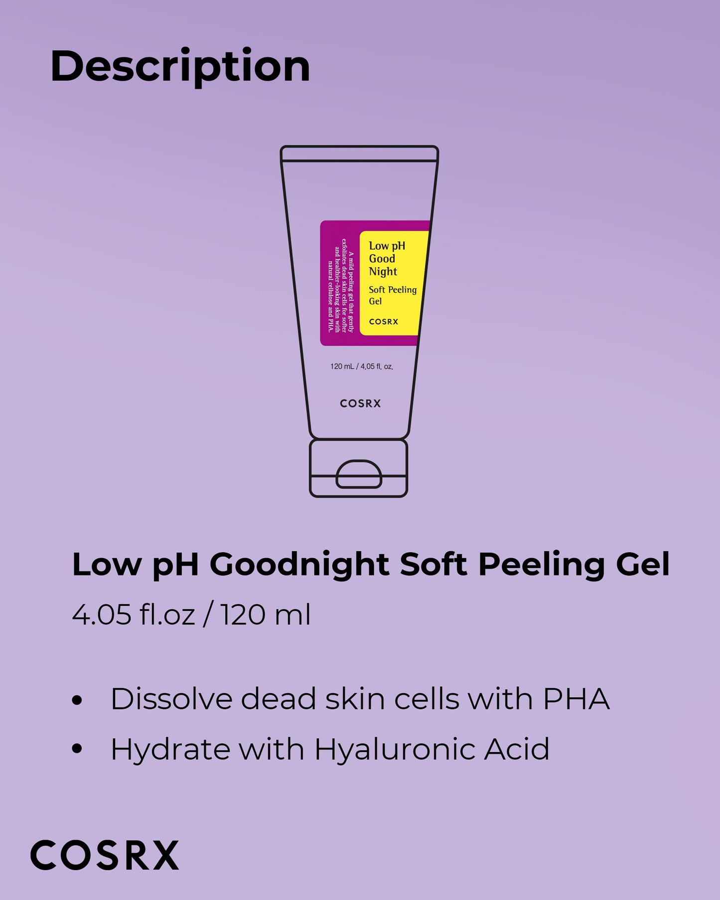 COSRX Low pH Good Night Soft Peeling Gel, 4.05 fl oz / 120ml, Mildly Exfoliating PHA For Sensitive Skin with Natural Cellulose, Radiating, Cleansing, Not Tested on Animals, Korean Skin Care