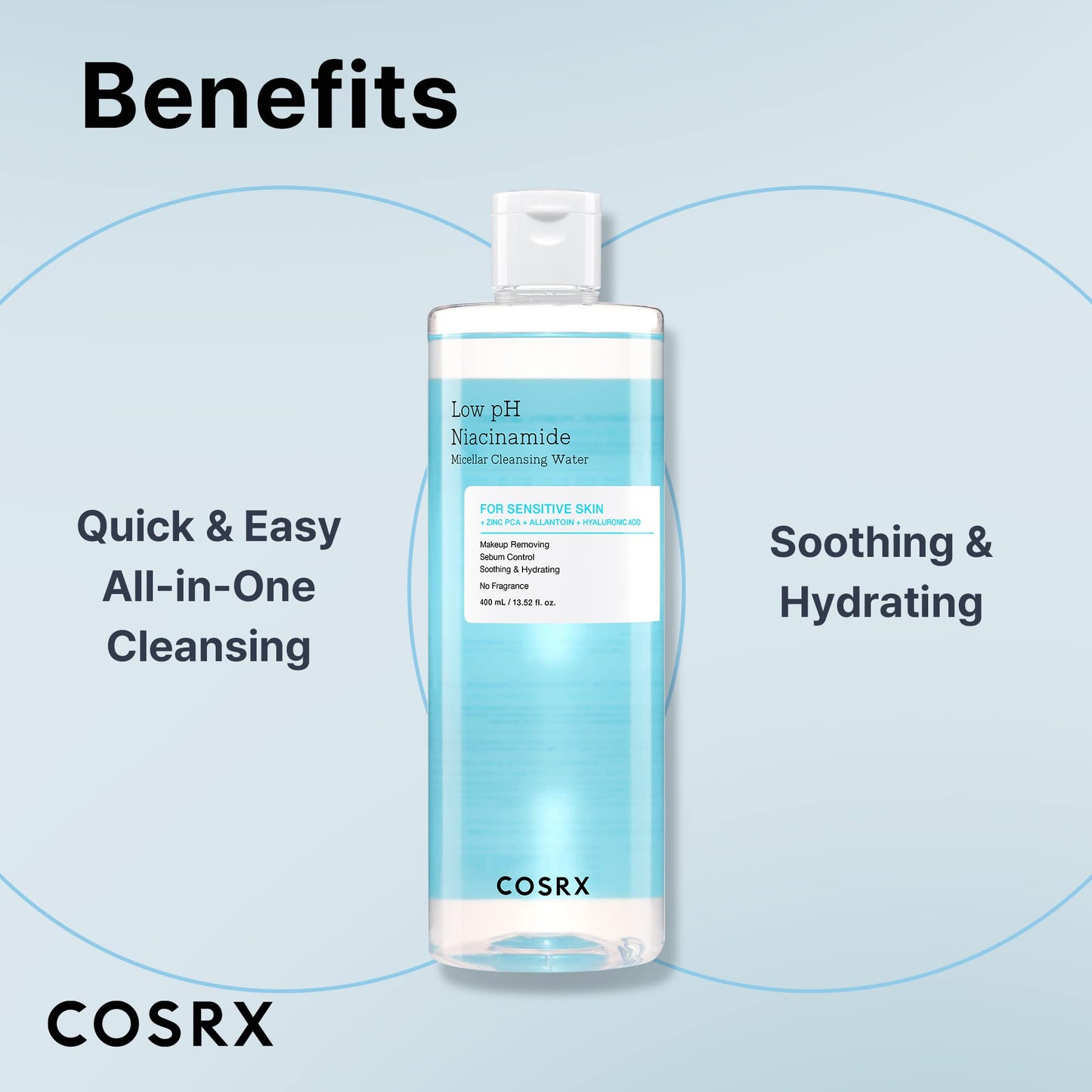 COSRX Low pH Niacinamide Micellar Cleansing Water Daily Mild Facial Cleansing Wash for Sensitive Skin, Sebum control, Korean Skin Care (13.52fl.oz/400ml)