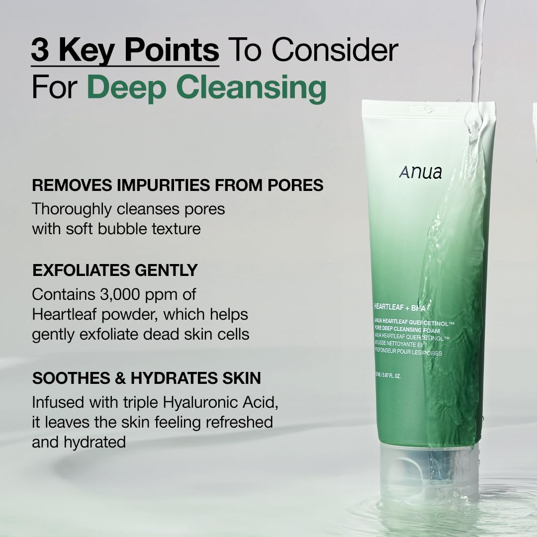 ANUA Heartleaf Quercetinol Pore Deep Cleansing Foam, Facial Cleanser, for Double Cleansing, BHA, Hyaluronic Acid, Glycerin, Face Wash, Blackhead Remover, Korean Skincare (150ml/5.07 fl.oz.)