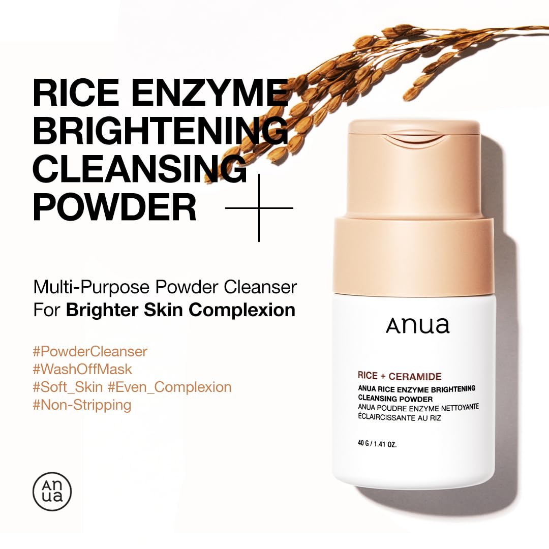 ANUA RICE ENZYME BRIGHTENING CLEANSING POWDER, Rice Mask, Ceramide, Gentle Face Wash for Brightening, Radiant Skin, Facial Cleanser for Dry Skin, Korean Skincare, Fragrance Free, 40g/1.41fl.oz.