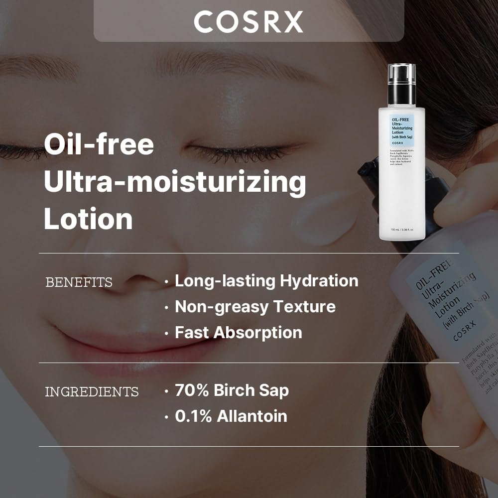 COSRX Oil Free Lotion with Birch Sap, Daily Acne Facial Moisturizer, Hydrating Moisturizer for All Skin Types, Korean Skin Care, Paraben free, 3.38 fl.oz / 100ml