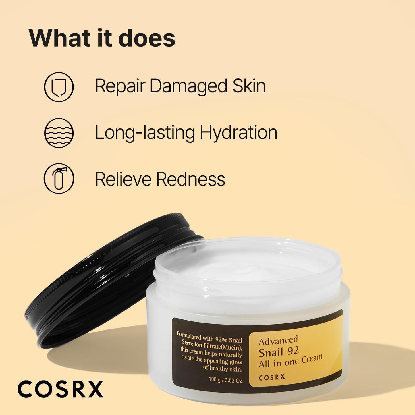 COSRX Snail Mucin 92% Face Moisturizer, 3.52 Oz, Lightweight Moisturing Cream for Soft, Glowy Skin, Korean Skin Care, Korean Moisturizer Face Cream