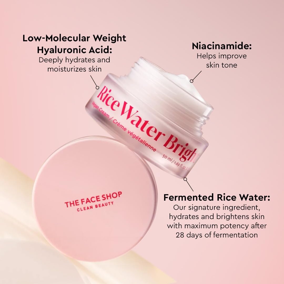 The Face Shop Rice Water Bright Vegan Cream - Instant Moisturization Quick-Absorbing Formula - Vegan, Brightening - Rice Water, Niacinamide, Hyaluronic Acid - Moisturizer Face Cream - Korean Skin Care