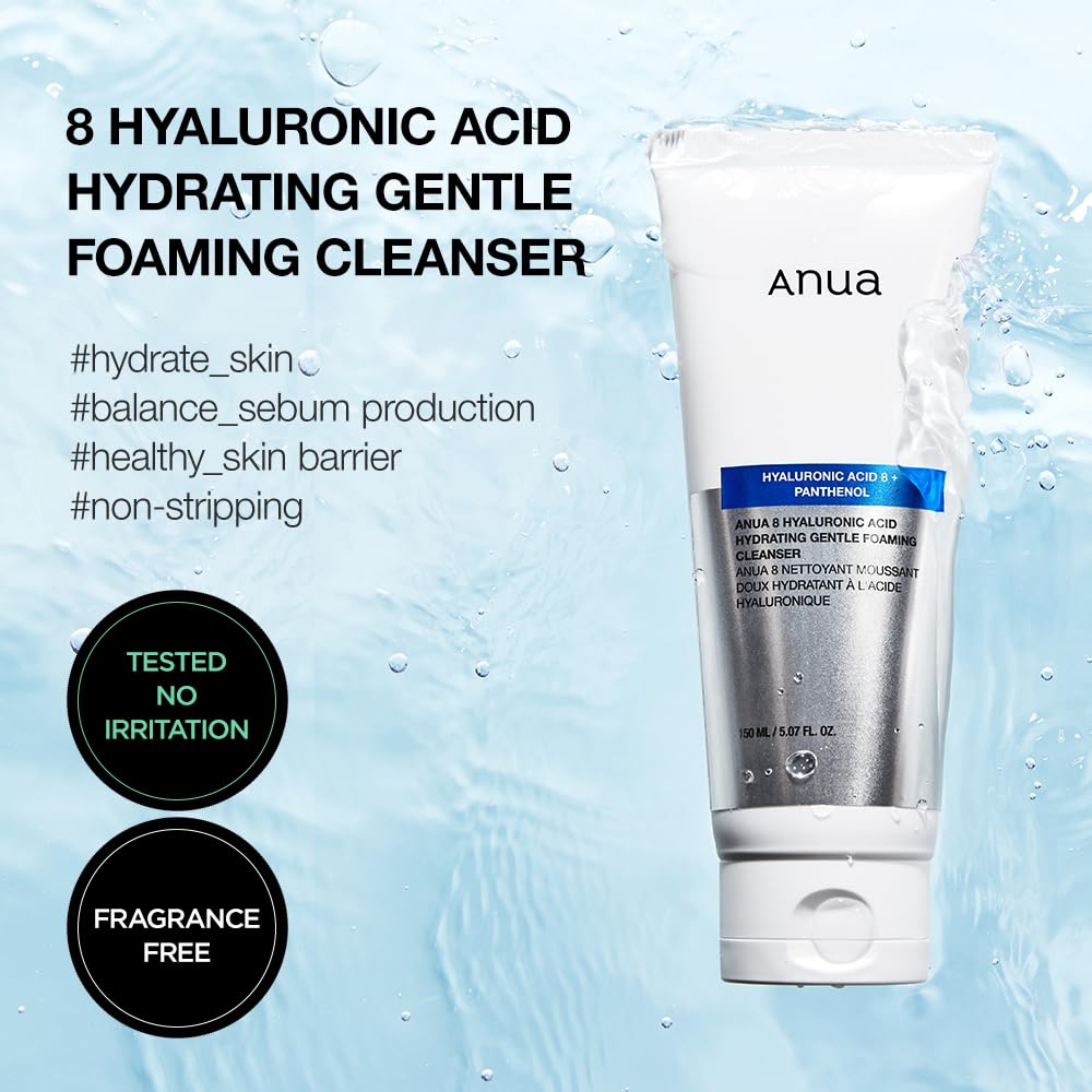 ANUA Hydrating Gentle Foaming Cleanser, Hyaluronic Acid, Glycerin, Zinc, Panthenol, Korean Face Wash for Dry Skin, for Double Cleansing, Korean Skincare (150ml/5.07fl oz.)