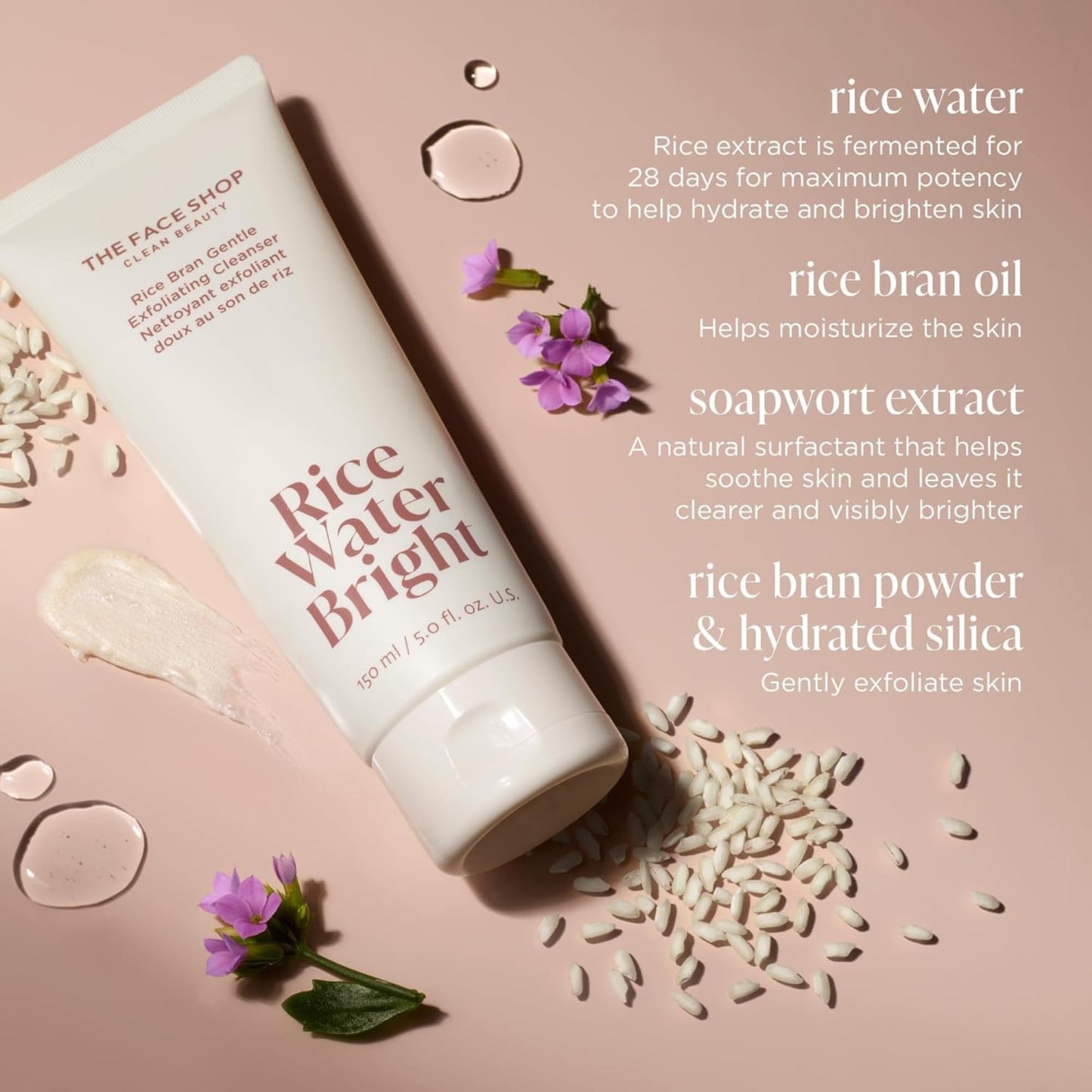 The Face Shop Rice Water Bright Rice Bran Gentle Exfoliating Cleanser - Hydrating, Moisturizing & Brightening Face Cleanser - Vegan Exfoliating Face Wash Face Scrub - Korean Skin Care Face Exfoliator