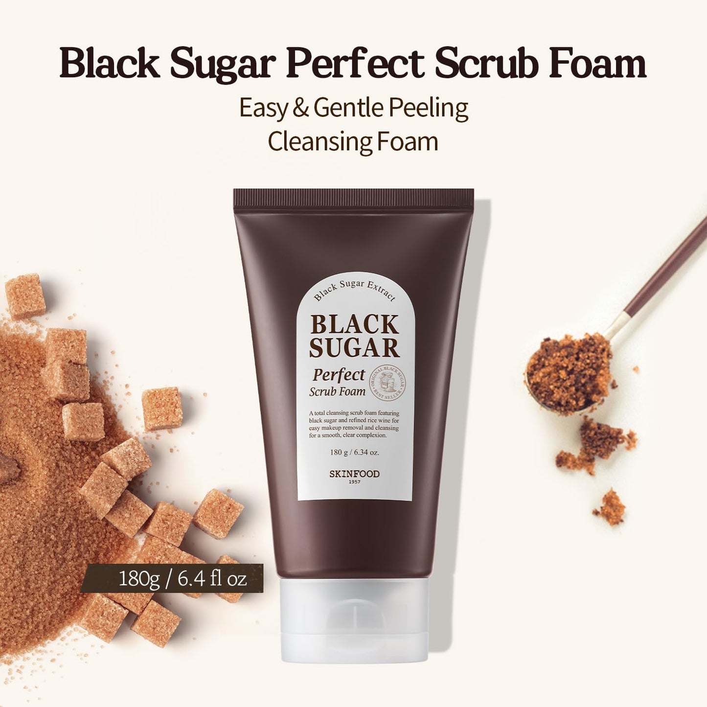 SKINFOOD Black Sugar Perfect Scrub Foam 180g - Detoxifying Pore Scrubs & Exfoliator Soft & Rich Bubble Facial Foam Cleanser, Removes Dead Skin Cells - Exfoliating Skincare for Men & Women (6.35 oz)