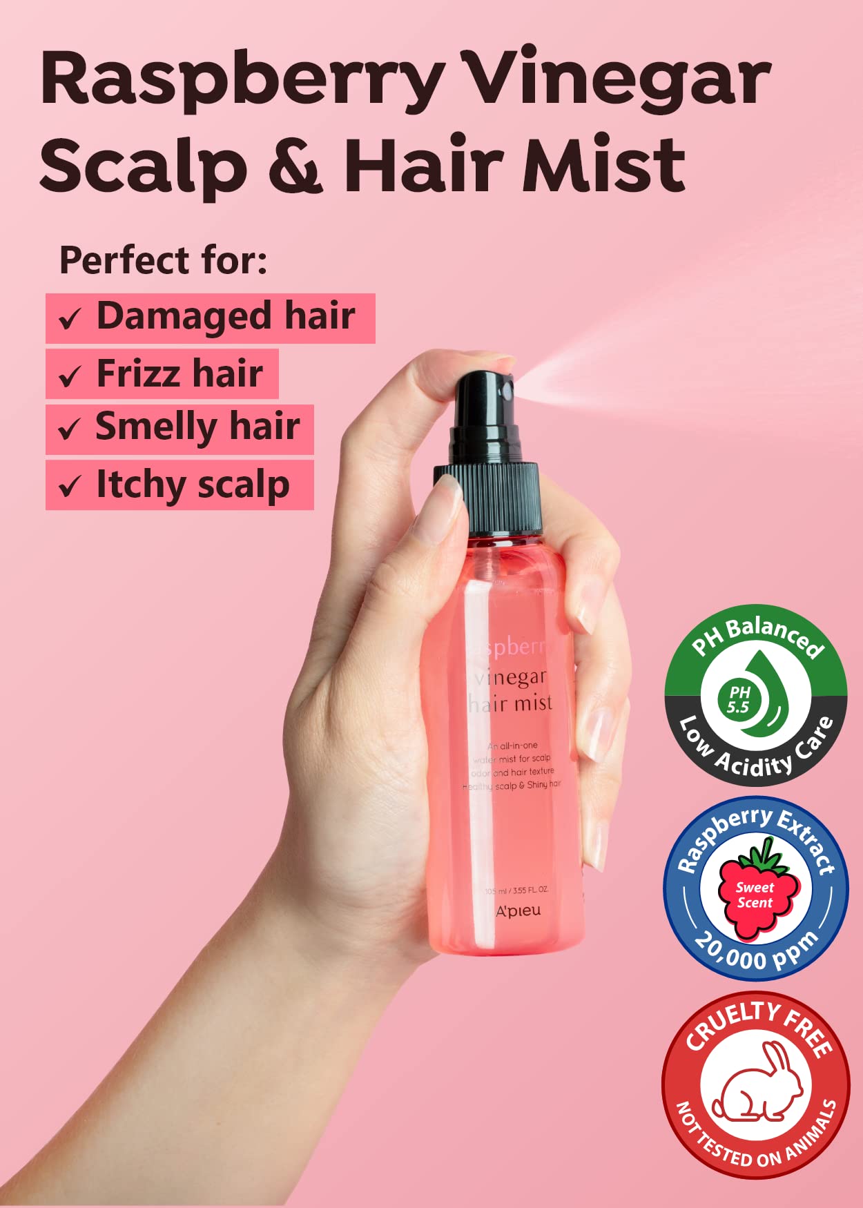 A’PIEU Raspberry Vinegar Hair Care Bundle - Hair Vinegar Rinse 6.76 Fl oz & Hair Mist 3.55 fl oz | Scalp Treatment, pH Balance, Frizz Control | Clarifying, Nourishing, Refreshing