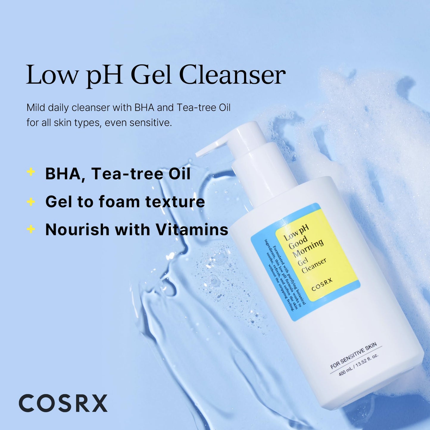 COSRX Low pH Good Morning Gel Cleanser, Amazon Exclusive, Daily Mild Face Cleanser for Sensitive Skin with BHA & Tea Tree Oil, PH Balancing, Korean Skin Care (13.52fl.oz/400ml)