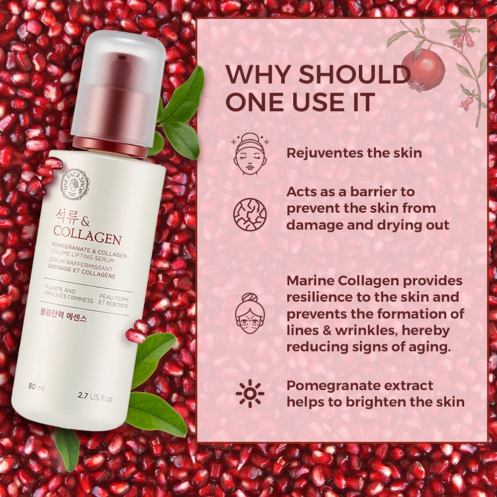 The Face Shop Pomegranate & Collagen Volume Lifting Serum - Helps Skin Look Firm & Supple - Reduces Fine Lines & Wrinkles - Improves Elasticity - Hydrating Lightweight Face Serum - Korean Skin Care