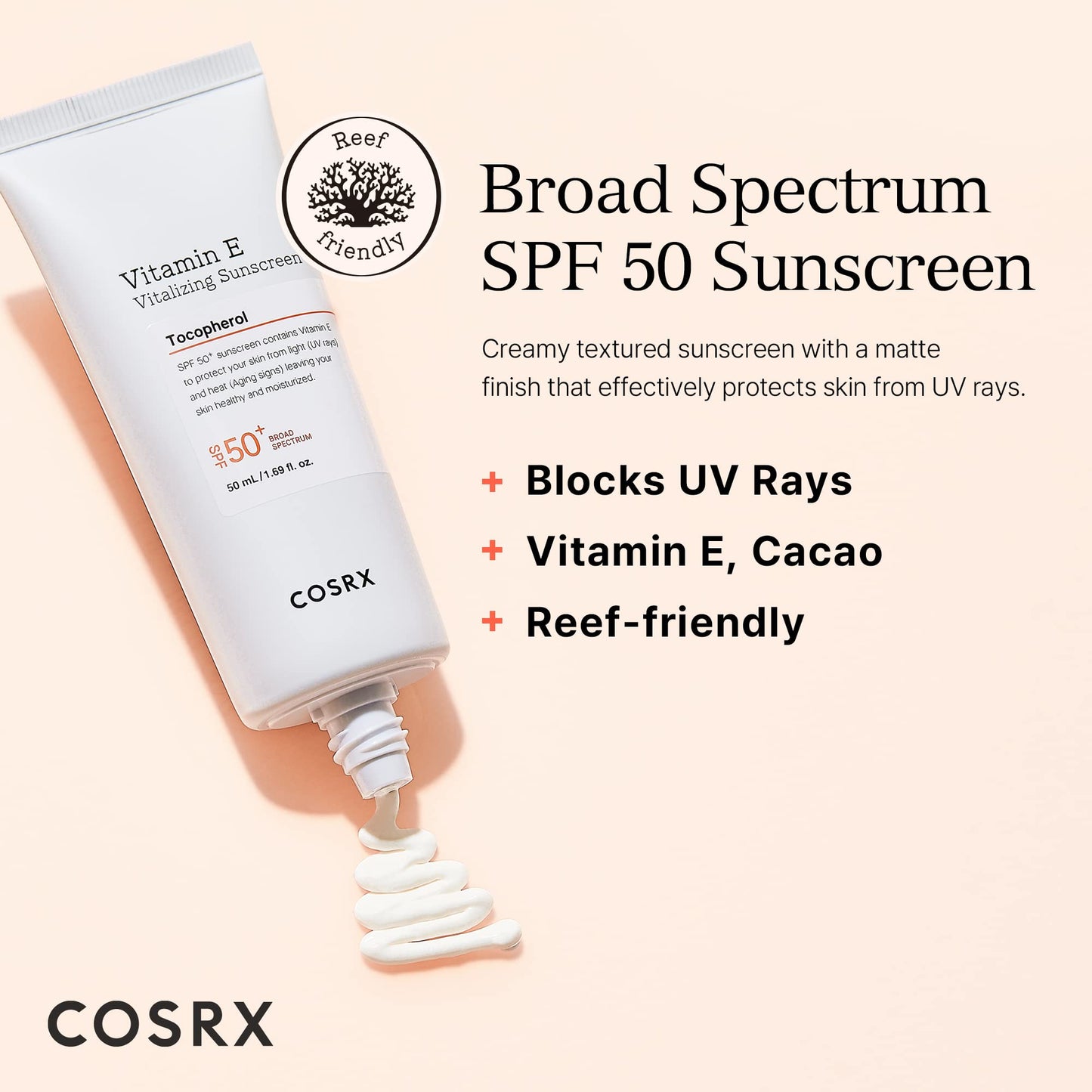 COSRX Vitamin E Vitalizing Face Sunscreen SPF 50, 1.69 fl oz, SPF Moisturizer, Lightweight under Makeup, Travel Essentials, Summer Essentials, Korean Skin Care, Korean Sunscreen for Face