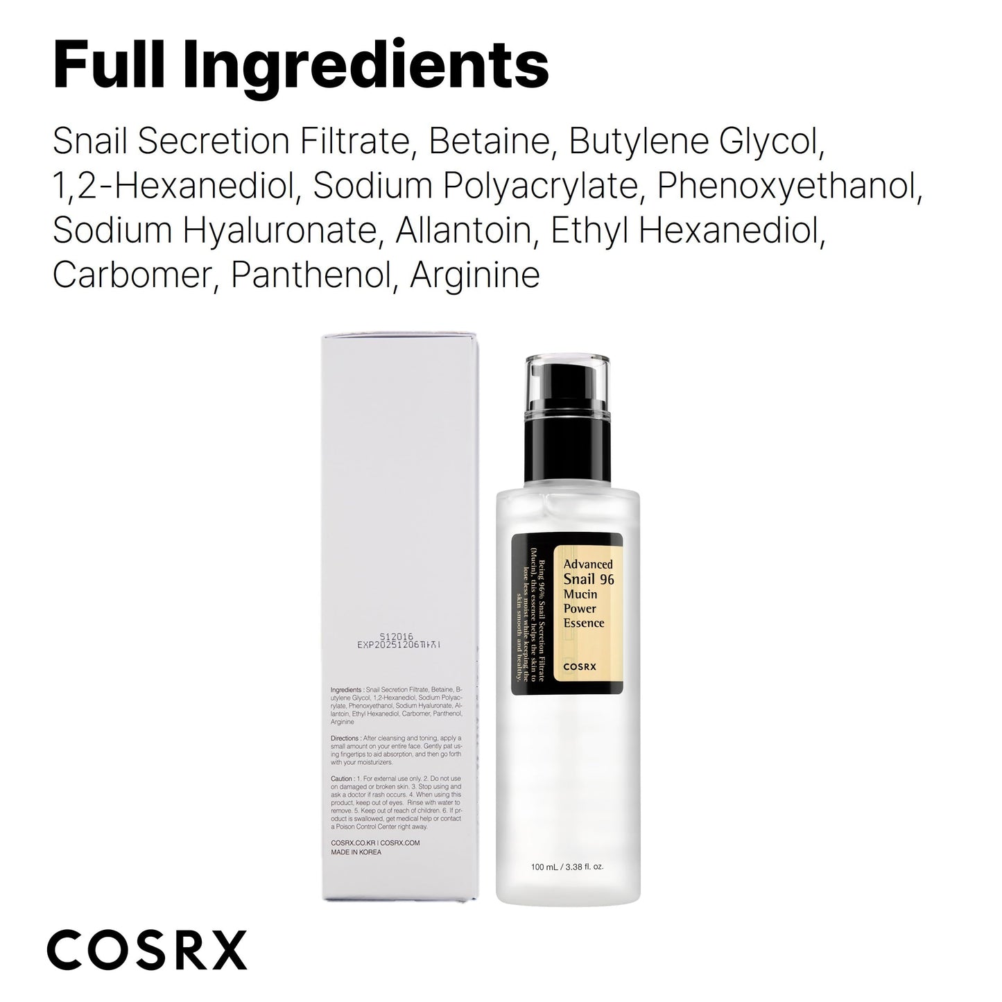 COSRX Snail Mucin 96% Power Face Serum 3.38 fl oz 100ml, Hydrating Serum for Face, Self Care, Glow Skin under Makeup, Korean Skin Care, Korean Beauty