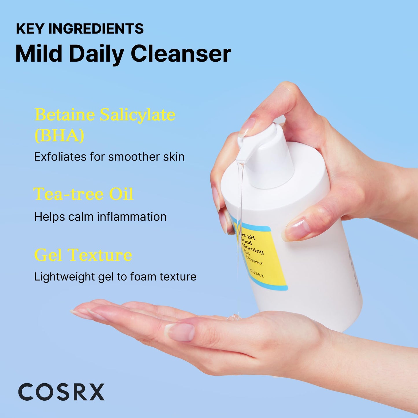 COSRX Low pH Good Morning Gel Cleanser, Amazon Exclusive, Daily Mild Face Cleanser for Sensitive Skin with BHA & Tea Tree Oil, PH Balancing, Korean Skin Care (13.52fl.oz/400ml)