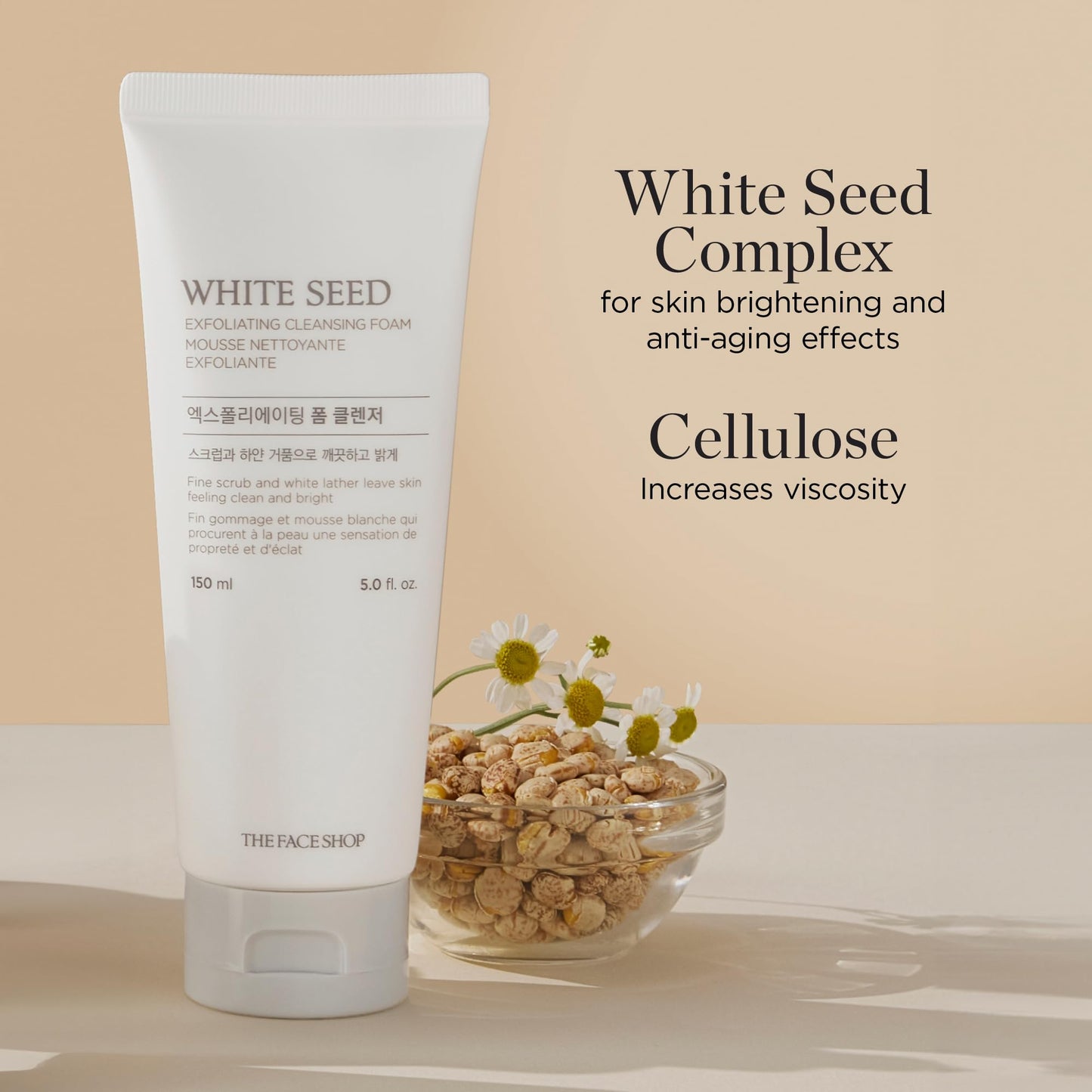 The Face Shop White Seed Exfoliating Cleansing Foam | Face Wash, Deep Clean, Complexion Brightening, Dead Skin Removal | Skin Texture & Clarity Improvement, Dullness Reducing, 5.07 Fl Oz