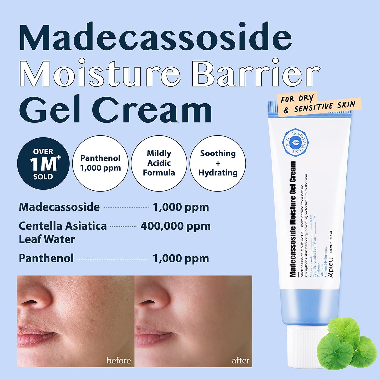 A'PIEU Madecassoside Moisture Gel Cream (1.69oz) - for Hydrating Dry and Sensitive Skin- Helps Soothe Damage and Maintain Optimal pH level- Centella Asiatica, Panthenol, Allantoin