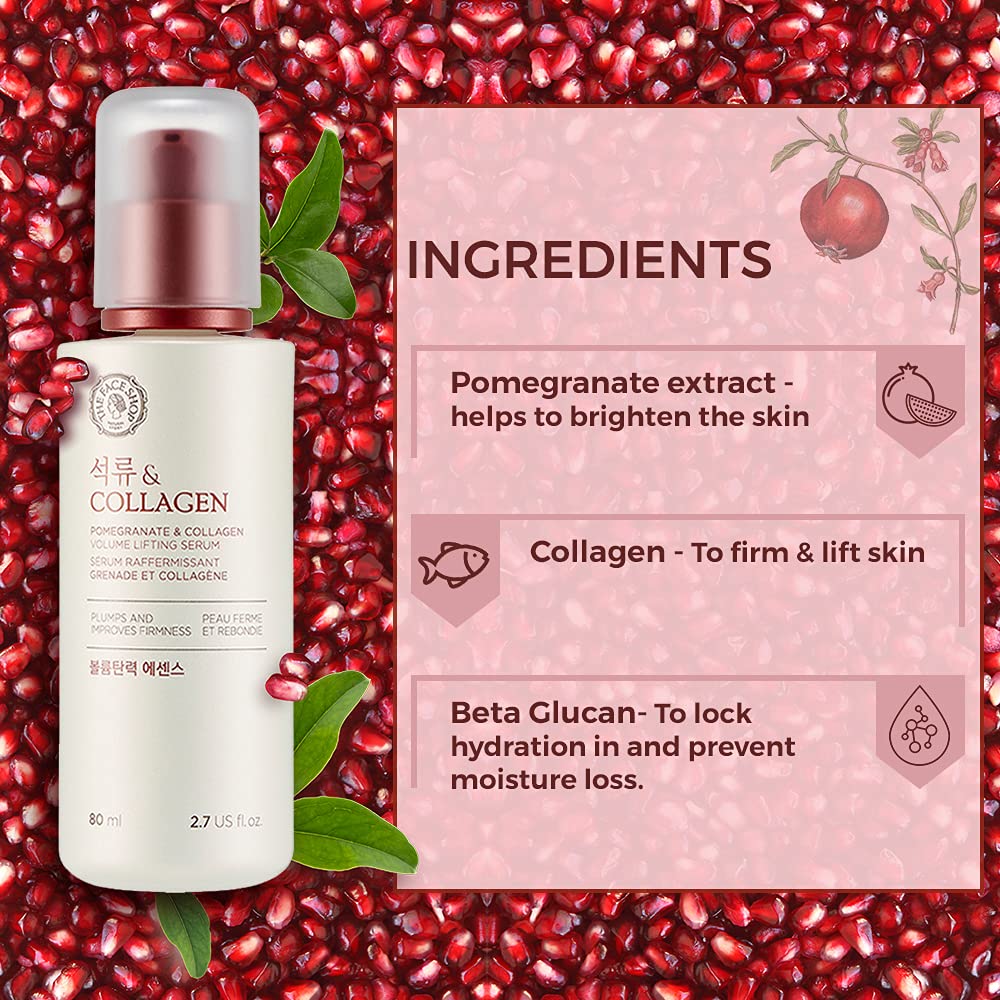 The Face Shop Pomegranate & Collagen Volume Lifting Serum - Helps Skin Look Firm & Supple - Reduces Fine Lines & Wrinkles - Improves Elasticity - Hydrating Lightweight Face Serum - Korean Skin Care