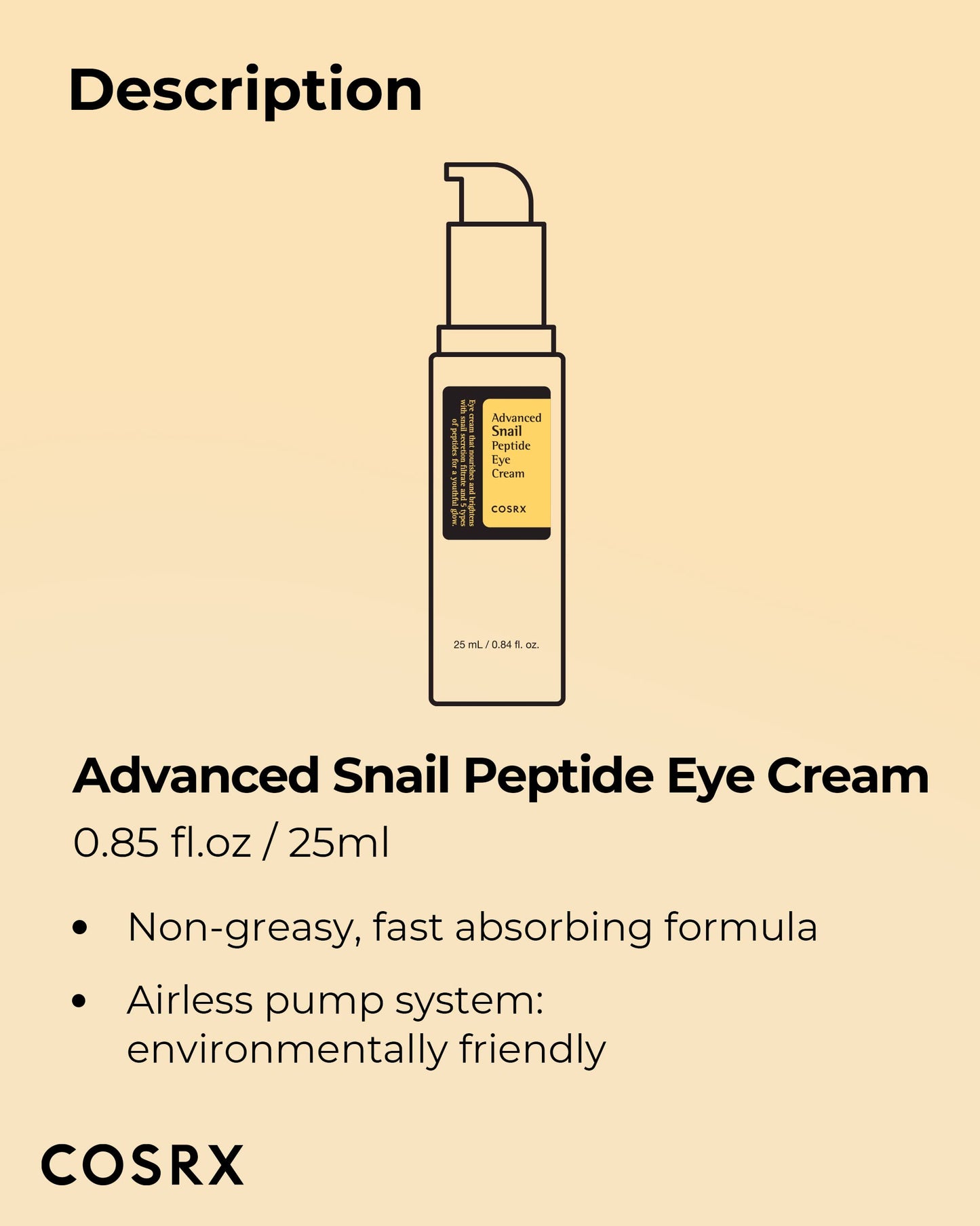 COSRX Snail Mucin Peptide Under Eye Cream, 0.84 fl oz, 73.7% Snail Mucin and Niacinamide, Eye Care, Eye Cream Anti Aging, Dark Circles, Korean Skin Care