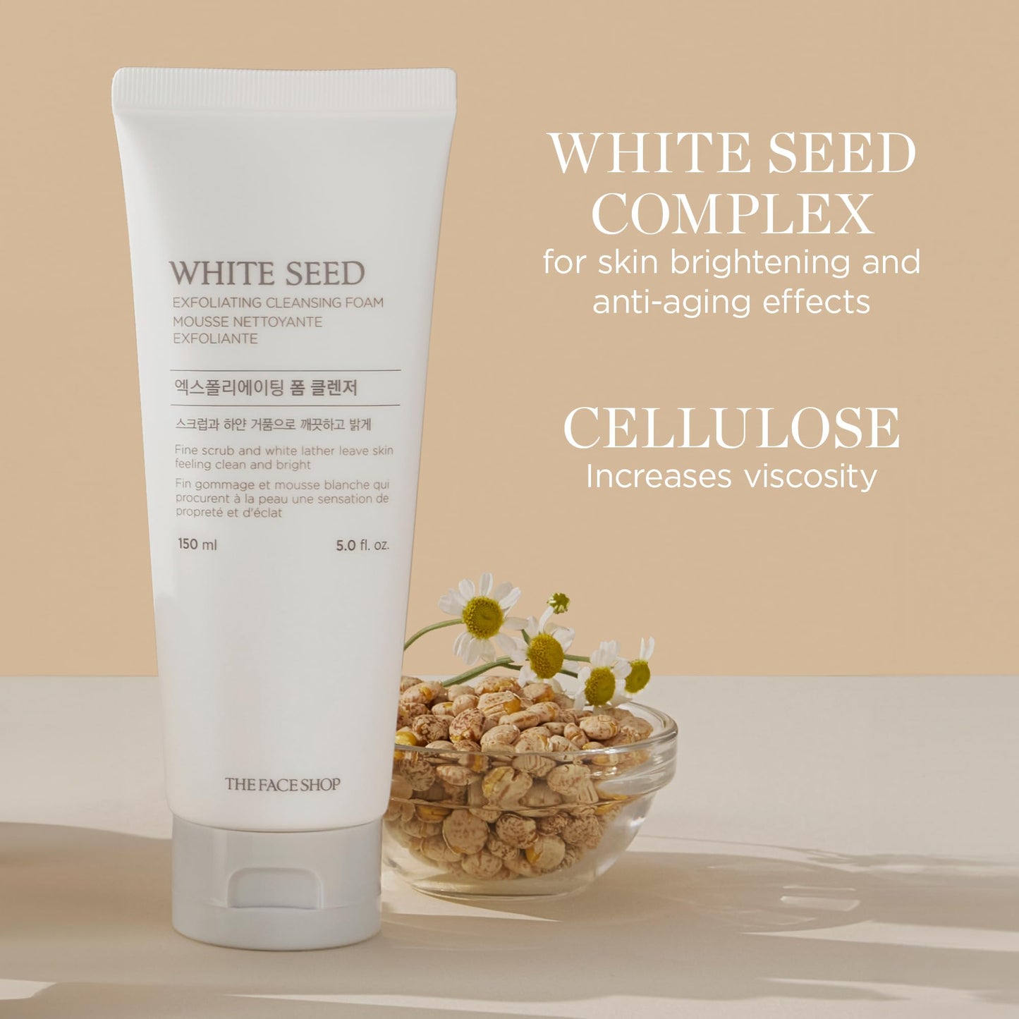 The Face Shop White Seed Exfoliating Cleansing Foam | Face Wash, Deep Clean, Complexion Brightening, Dead Skin Removal | Skin Texture & Clarity Improvement, Dullness Reducing, 5.07 Fl Oz