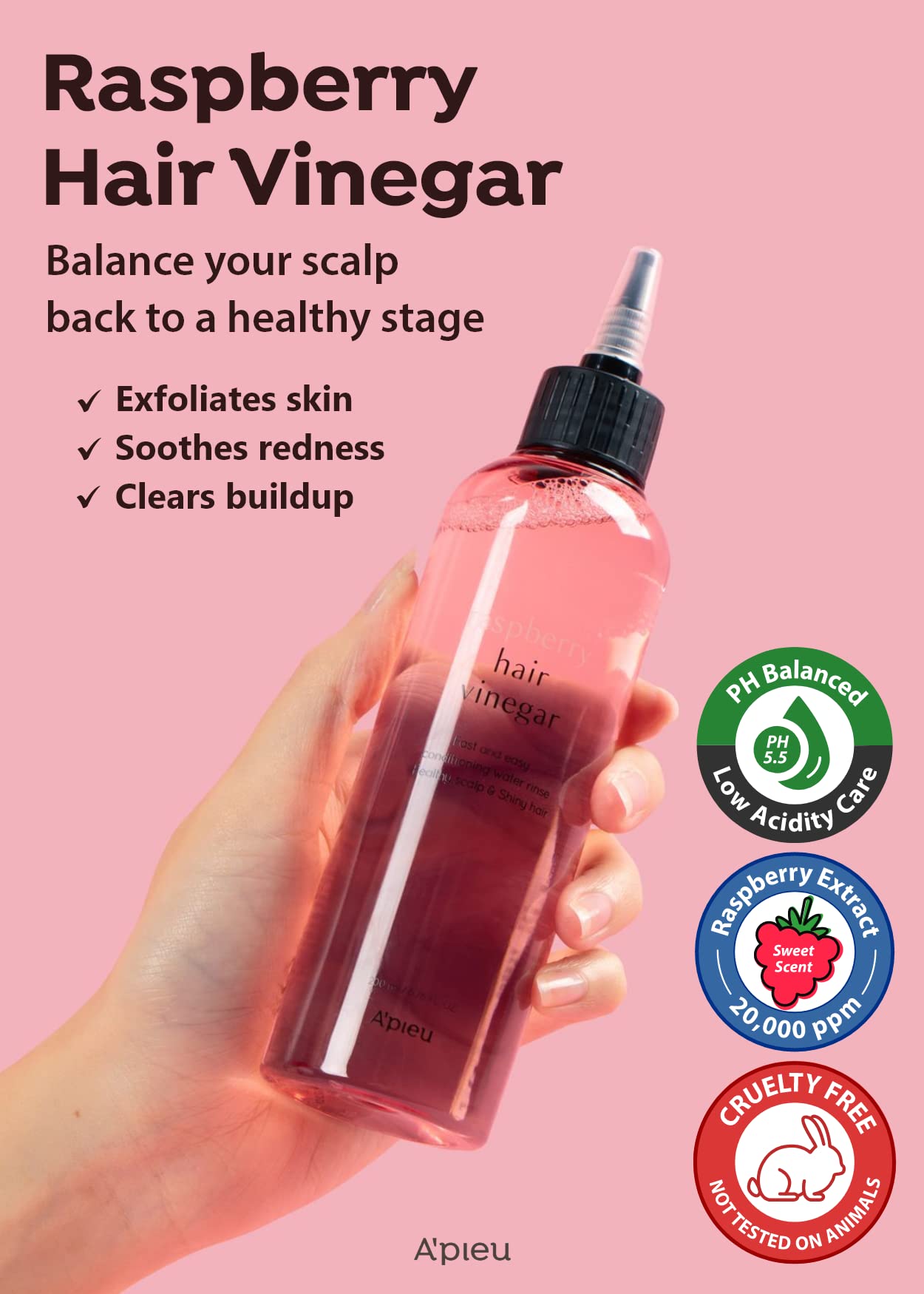 A’PIEU Raspberry Hair Vinegar Rinse & Refill Bundle 6.76 + 13.6 fl oz - Scalp Treatment for pH Balance, Hair Growth | Clarifying, Dandruff & Oil Control | Silky, Shiny Hair