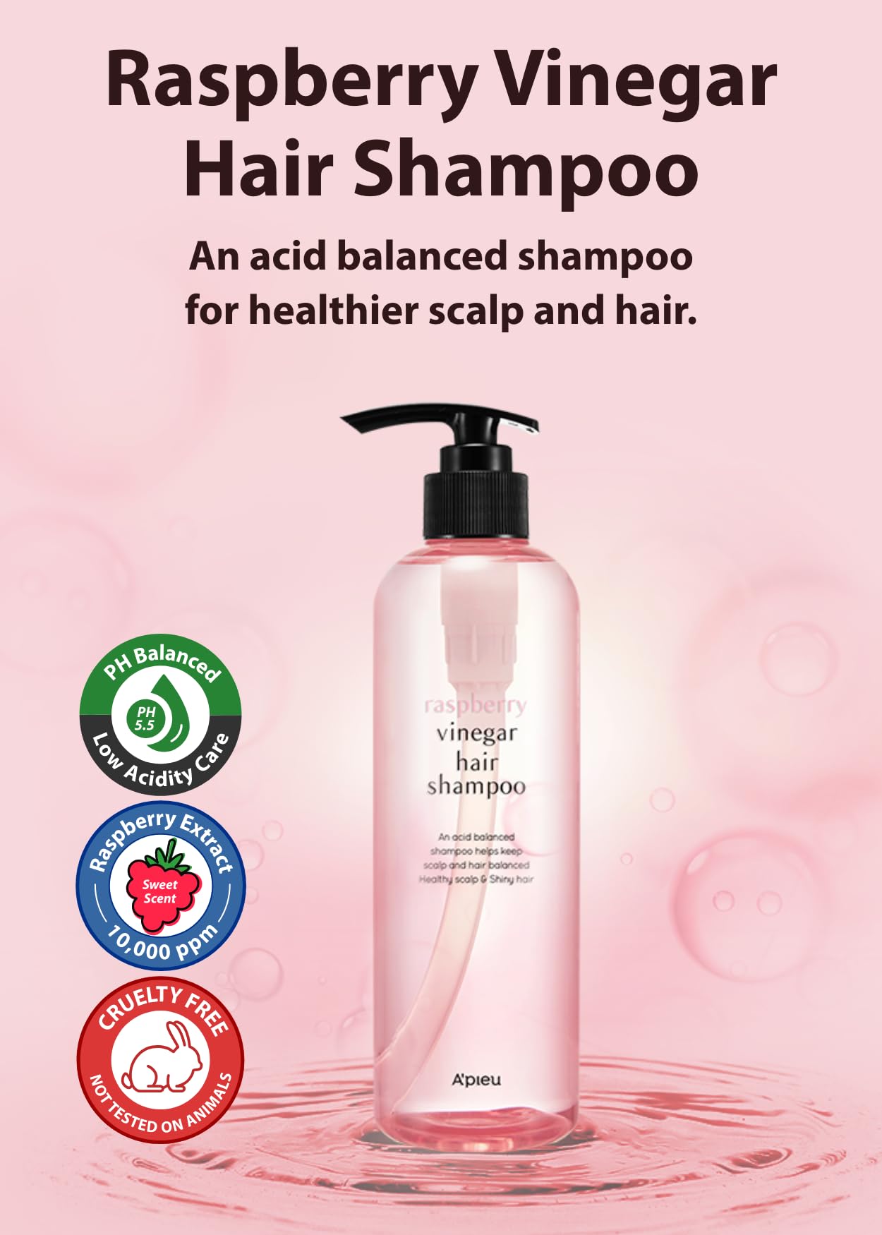 A’PIEU Raspberry Vinegar Hair Shampoo 16.9 fl.oz / 500 ml - Dandruff & Clarifying Shampoo | Scalp Treatment I Korean Hair Care I Balances pH, Removes Buildup, Soothes Scalp