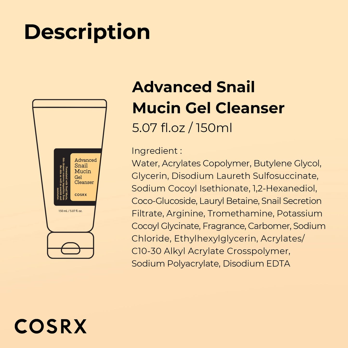 COSRX Advanced Snail Mucin Gel Cleanser, 5.07 Fl Oz / 150 mL, Rich Daily Deep Cleansing Gel for Dry & Sensitive Skin, Korean Skin Care, Not Tested on Animals, No Parabens