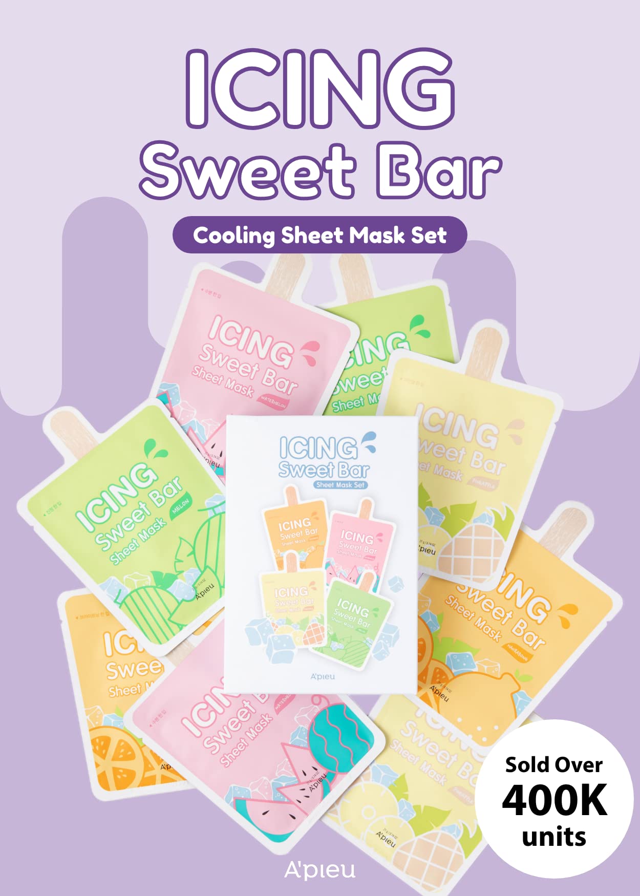 A’PIEU Icing Sweet Bar Mask Sheet (8 sheets in 1 pack) 4 Refreshing & Cooling Fruity Flavors, Fruit Essence that Hydrates and Nourishes,Brightens Stressed Skin, Alcohol-Free