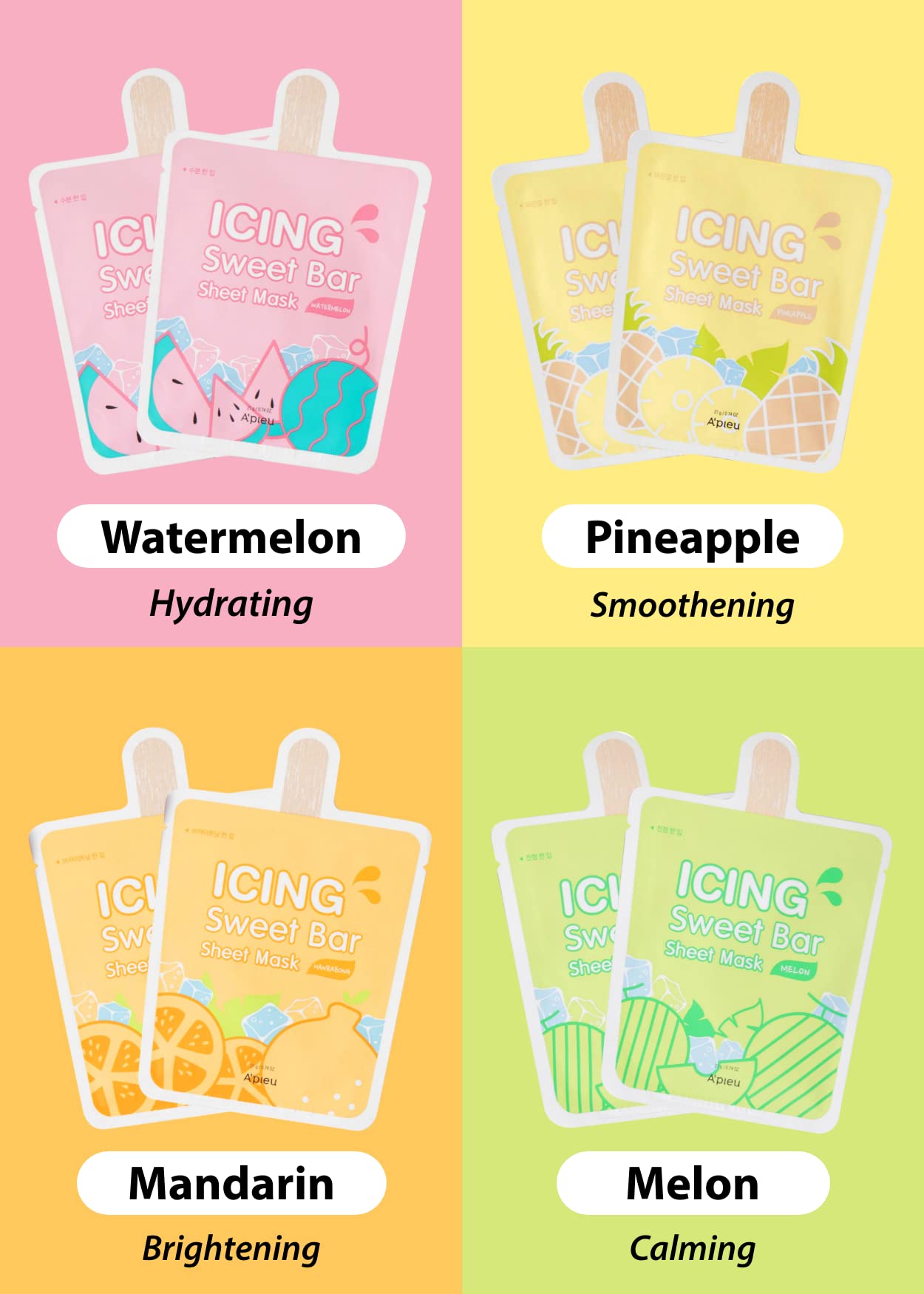 A’PIEU Icing Sweet Bar Mask Sheet (8 sheets in 1 pack) 4 Refreshing & Cooling Fruity Flavors, Fruit Essence that Hydrates and Nourishes,Brightens Stressed Skin, Alcohol-Free