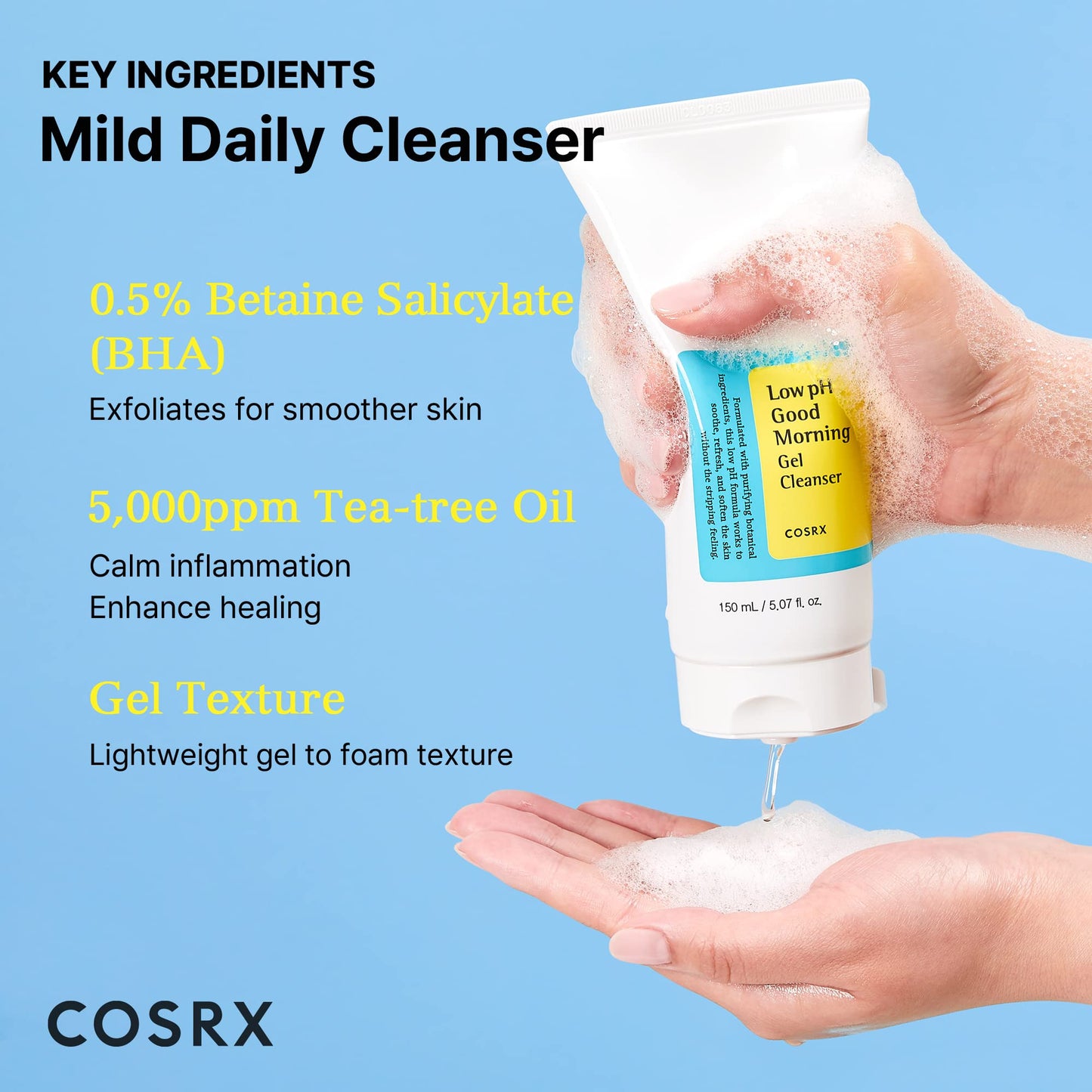 COSRX Low pH Good Morning Gel Face Cleanser, 5.07 fl oz, BHA Face Wash, Daily Mild Face Cleanser for Sensitive Skin, PH Balancing, Korean Skin Care, Korean Face Wash