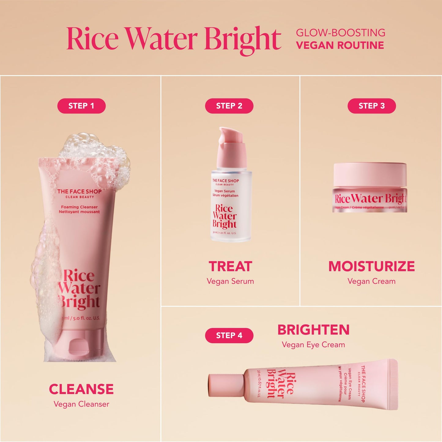 The Face Shop Rice Water Bright Travel Kit, Korean Skin Care Set with Ceramide, Gift Set - Gentle Face Wash & Vegan Skin Care (Serum, Cream, Eye Cream), Hydrating for Dry Skin, Daily Face Moisturizer