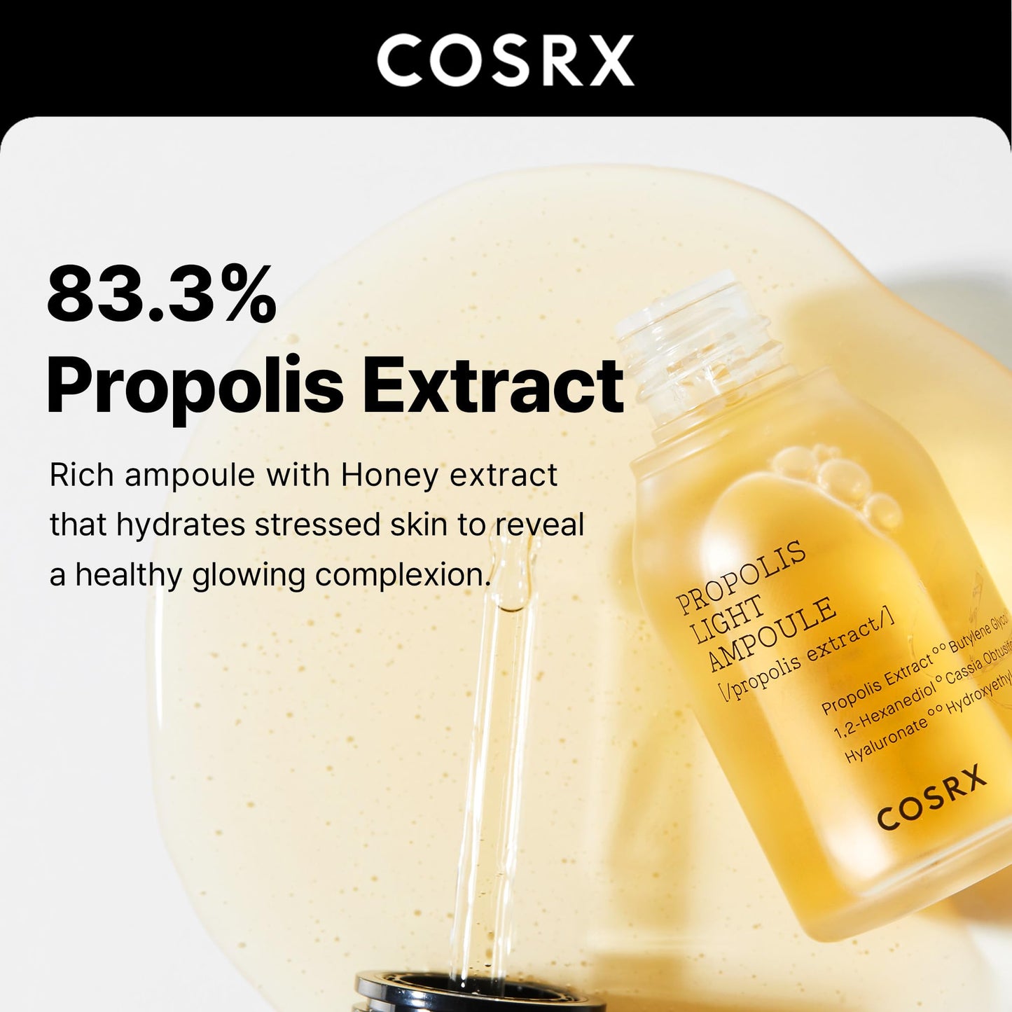 COSRX Propolis Ampoule, Glow Boosting Serum for Face with 73.5% Propolis Extract, 1.01fl.oz/30ml, Hydrating Essence for Sensitive Skin, Fine Lines, Uneven Skintone, Korean Skin Care