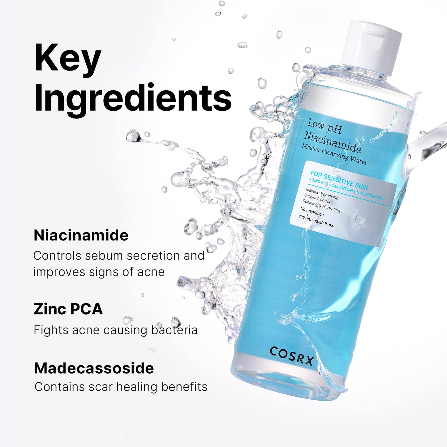 COSRX Low pH Niacinamide Micellar Cleansing Water Daily Mild Facial Cleansing Wash for Sensitive Skin, Sebum control, Korean Skin Care (13.52fl.oz/400ml)